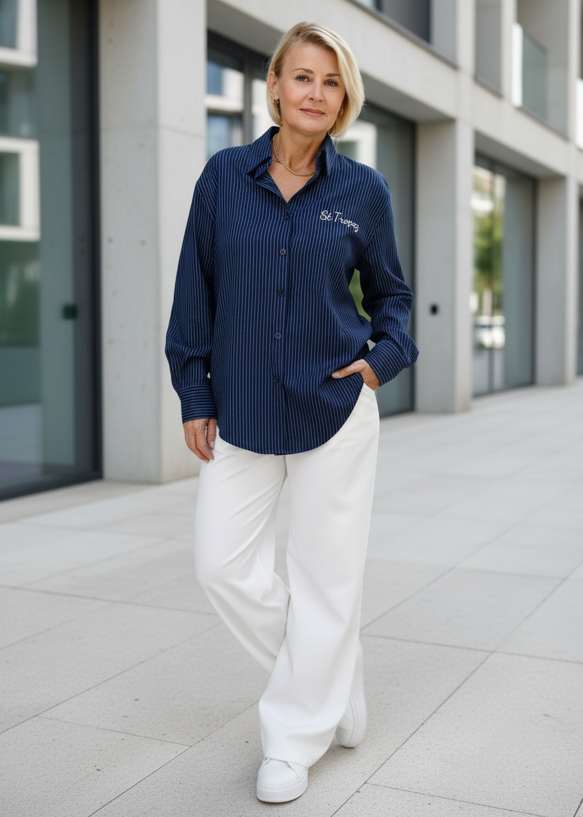 Lässig gestreifte Hemd Bluse "St. Tropez" Dunkelblau (38, 40, 42/S-L)