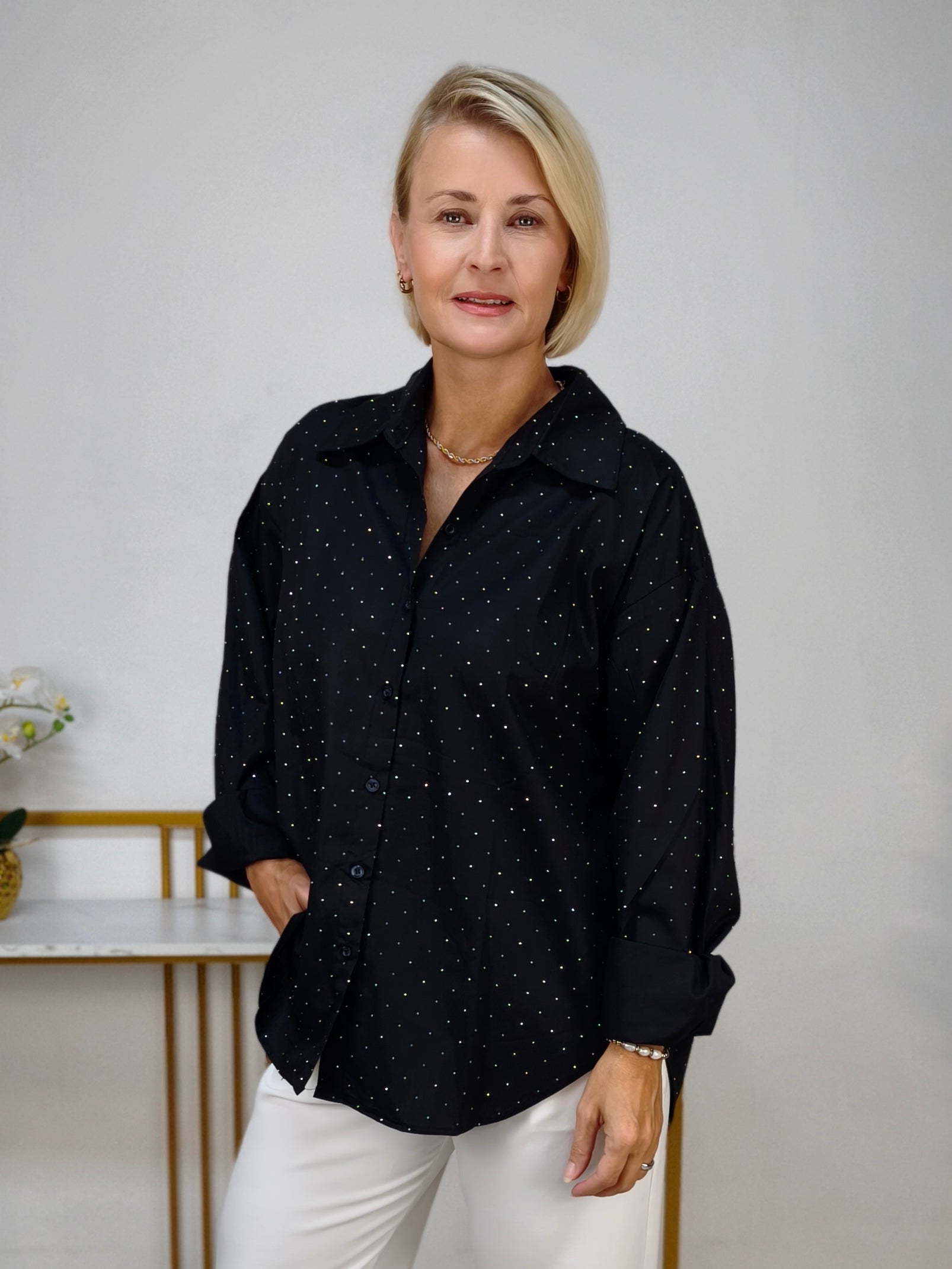 Elegante Hemd Bluse in schwarz mit Strass (40/42, 44, 46)