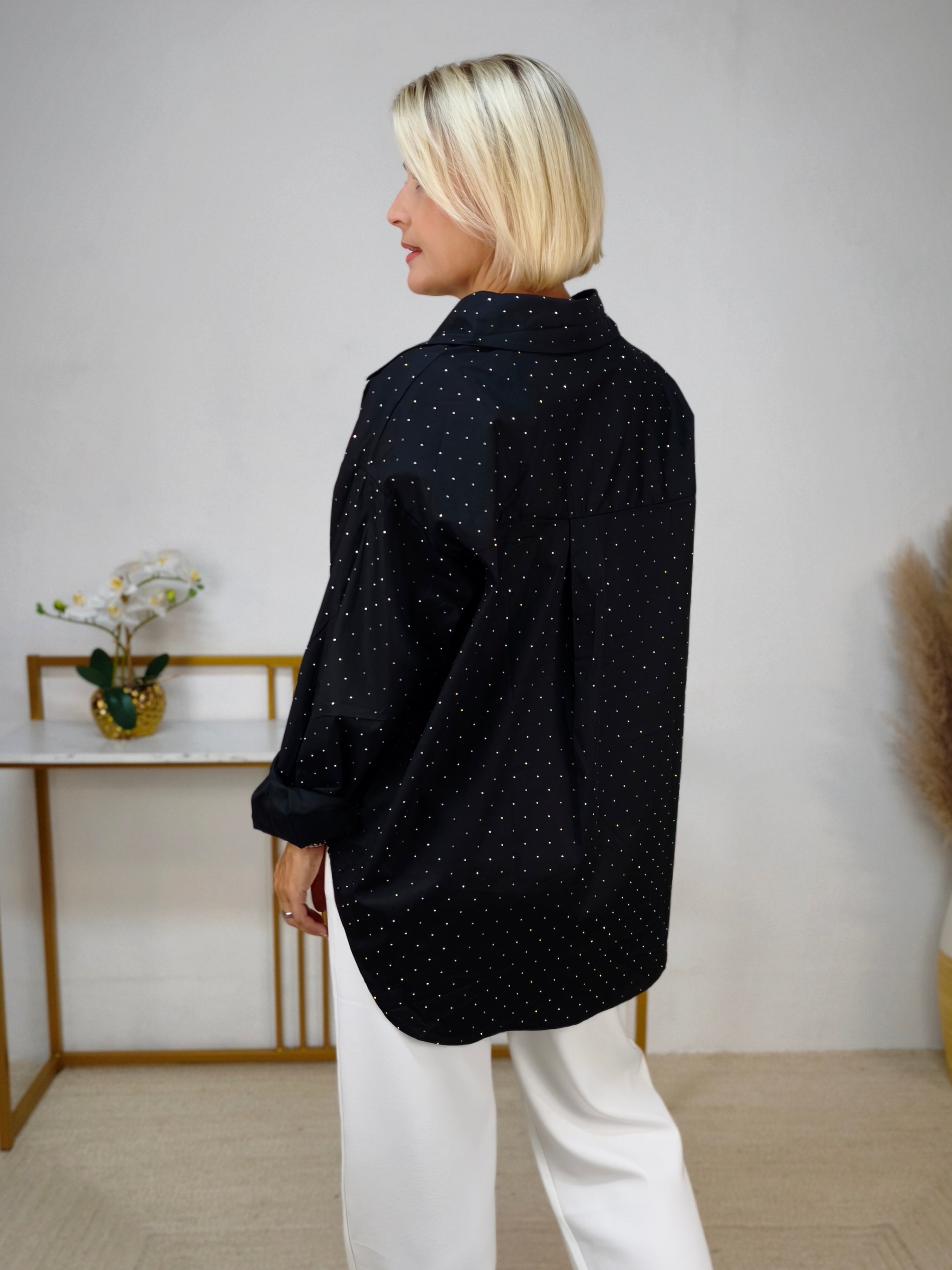 Elegante Hemd Bluse in schwarz mit Strass (40/42, 44, 46)