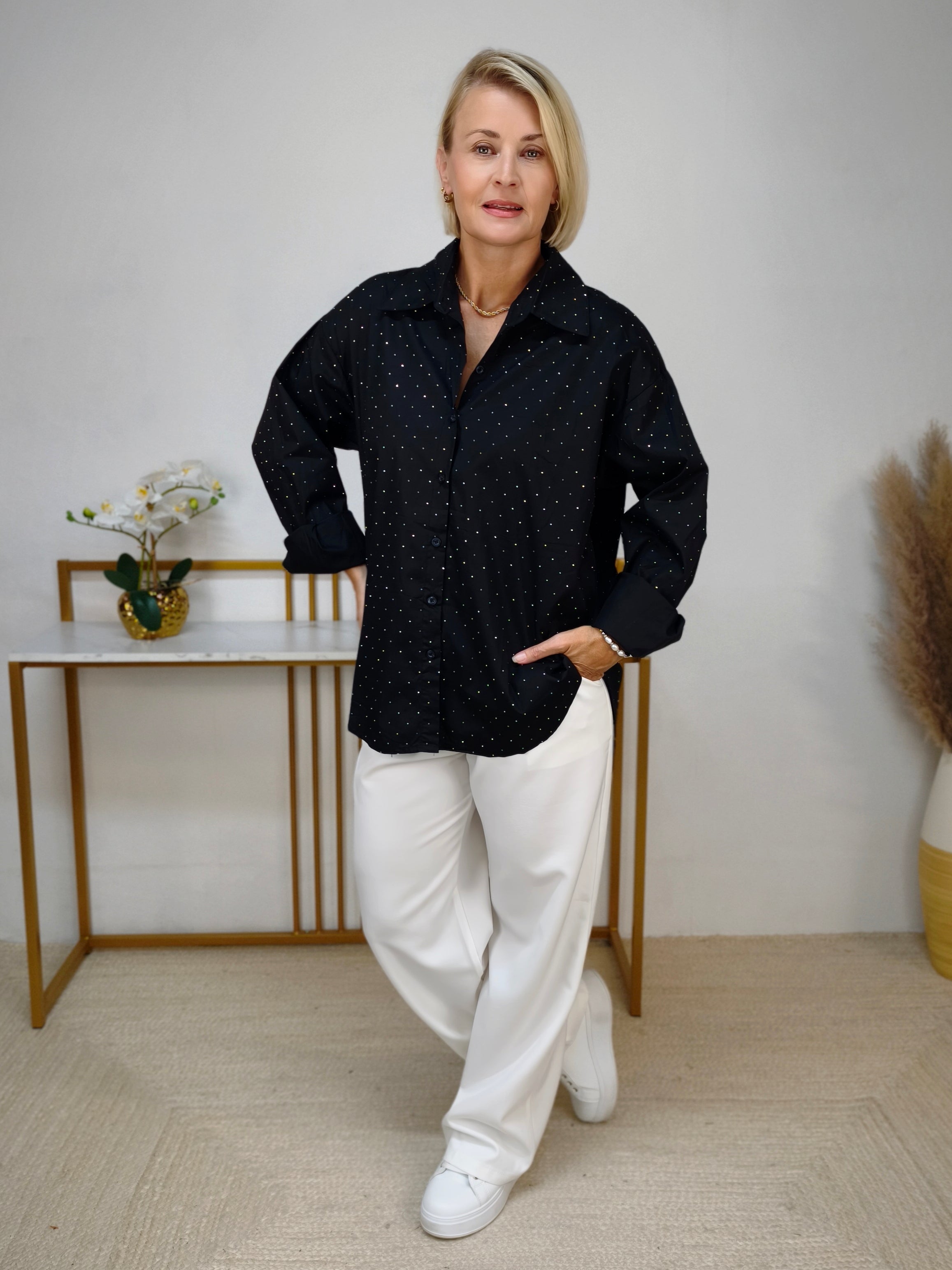 Elegante Hemd Bluse in schwarz mit Strass (40/42, 44, 46)