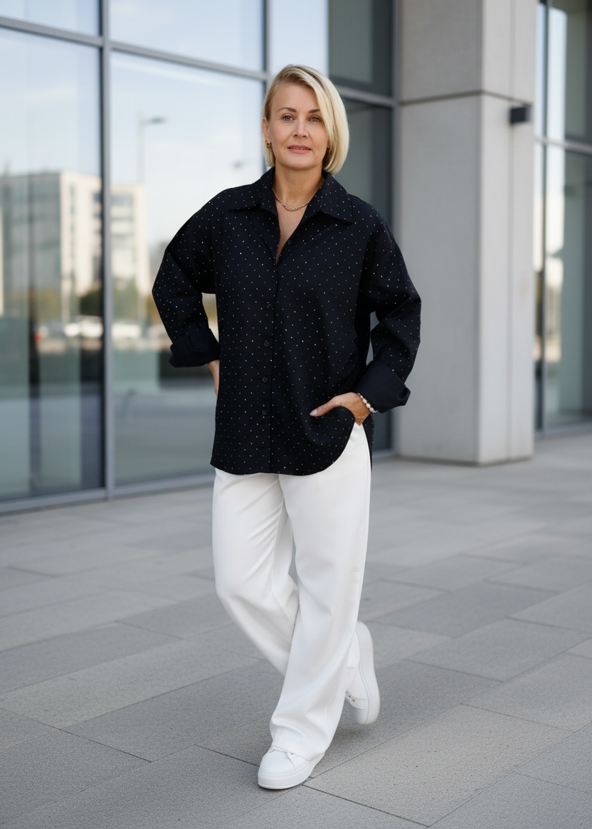 Elegante Hemd Bluse in schwarz mit Strass (40/42, 44, 46)