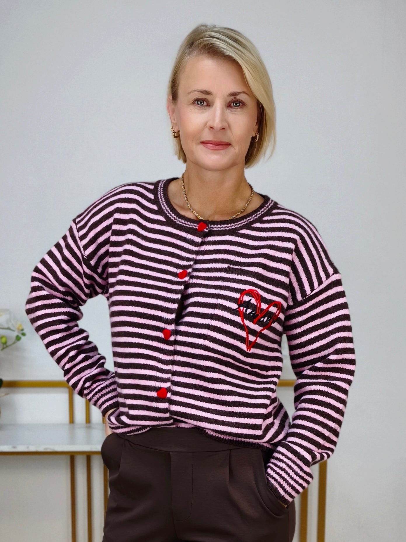 Strickjacke gestreift Dunkelbraun/Rosa (38-42)