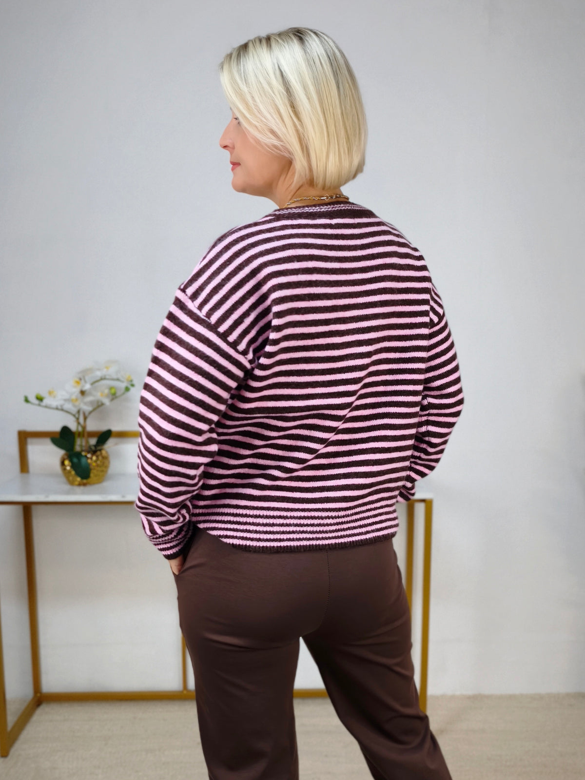 Strickjacke gestreift Dunkelbraun/Rosa (38-42)