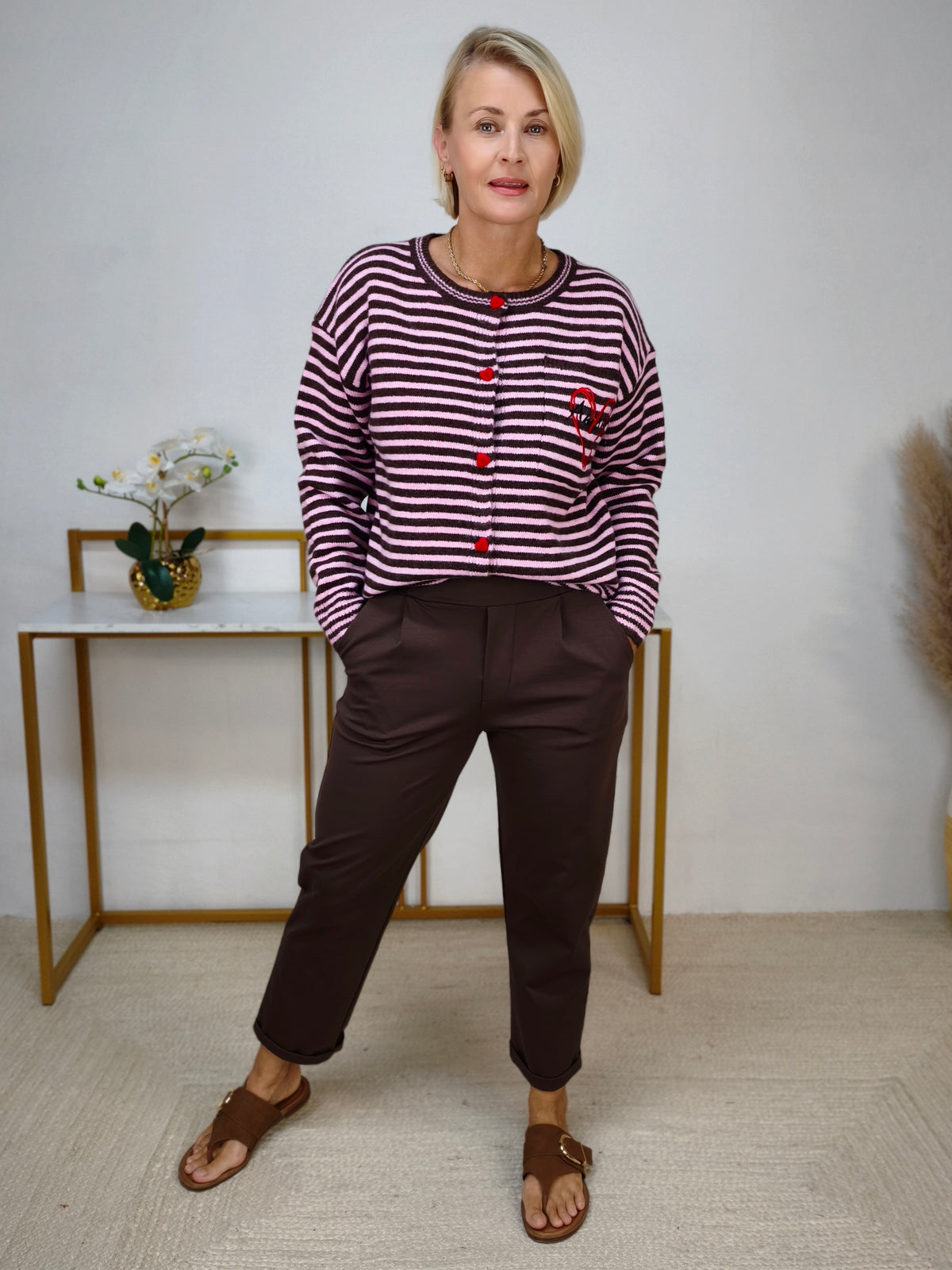 Strickjacke gestreift Dunkelbraun/Rosa (38-42)