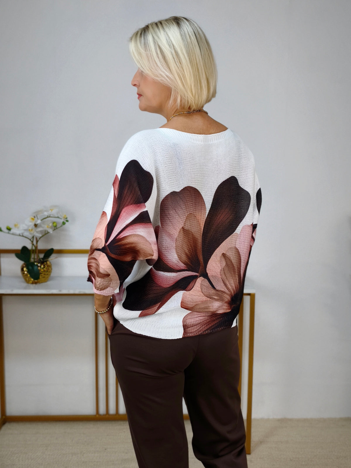 Leichter Pullover "Susanne" gemustert Weiss/braun 3/4 Arm (38-42)