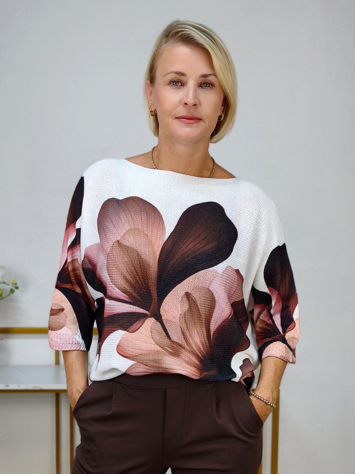 Leichter Pullover "Susanne" gemustert Weiss/Dunkelbraun 3/4 Arm (38-42)
