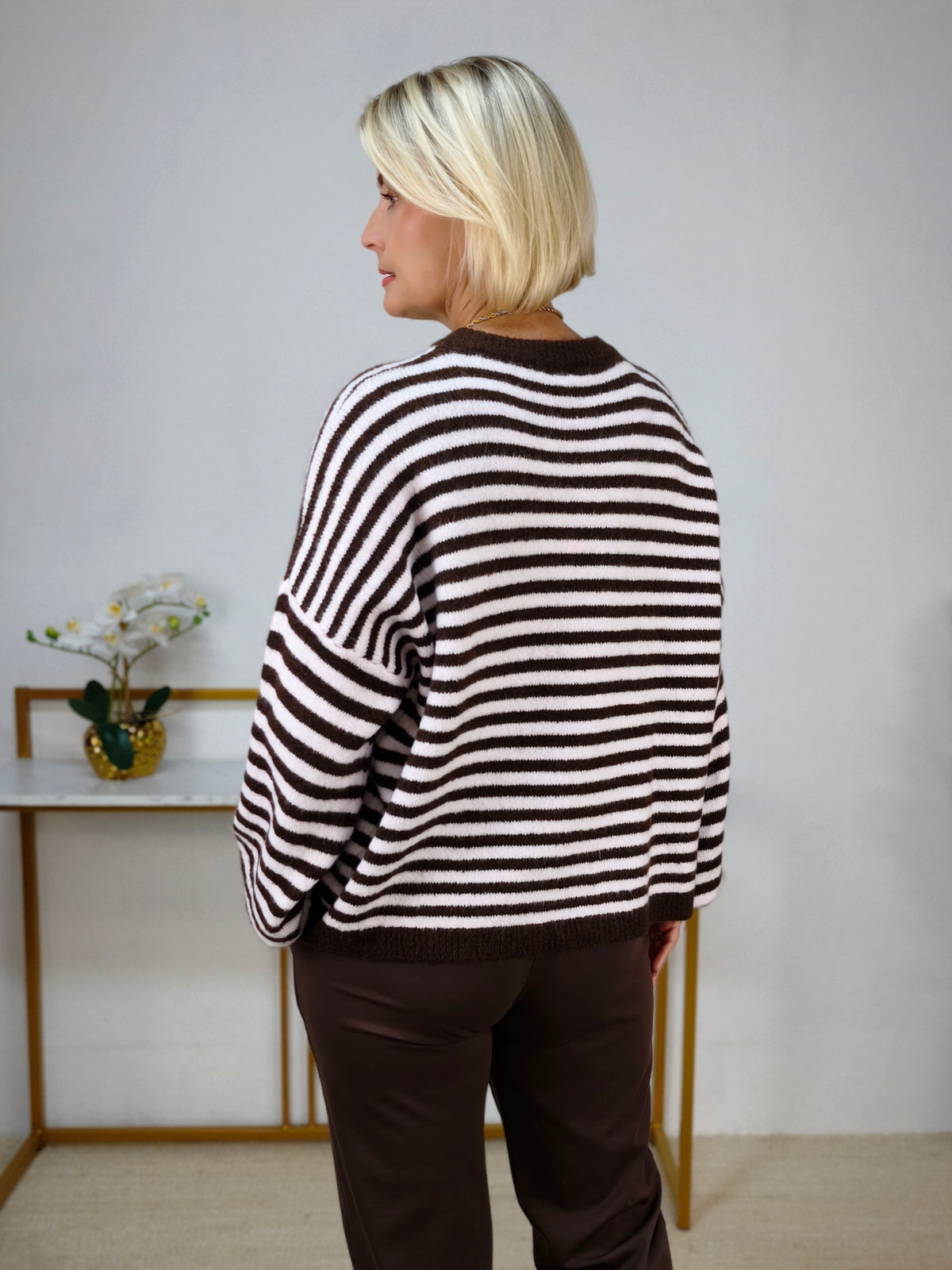 Pullover Langarm gestreift schoko/blassrosa (38-42/44)