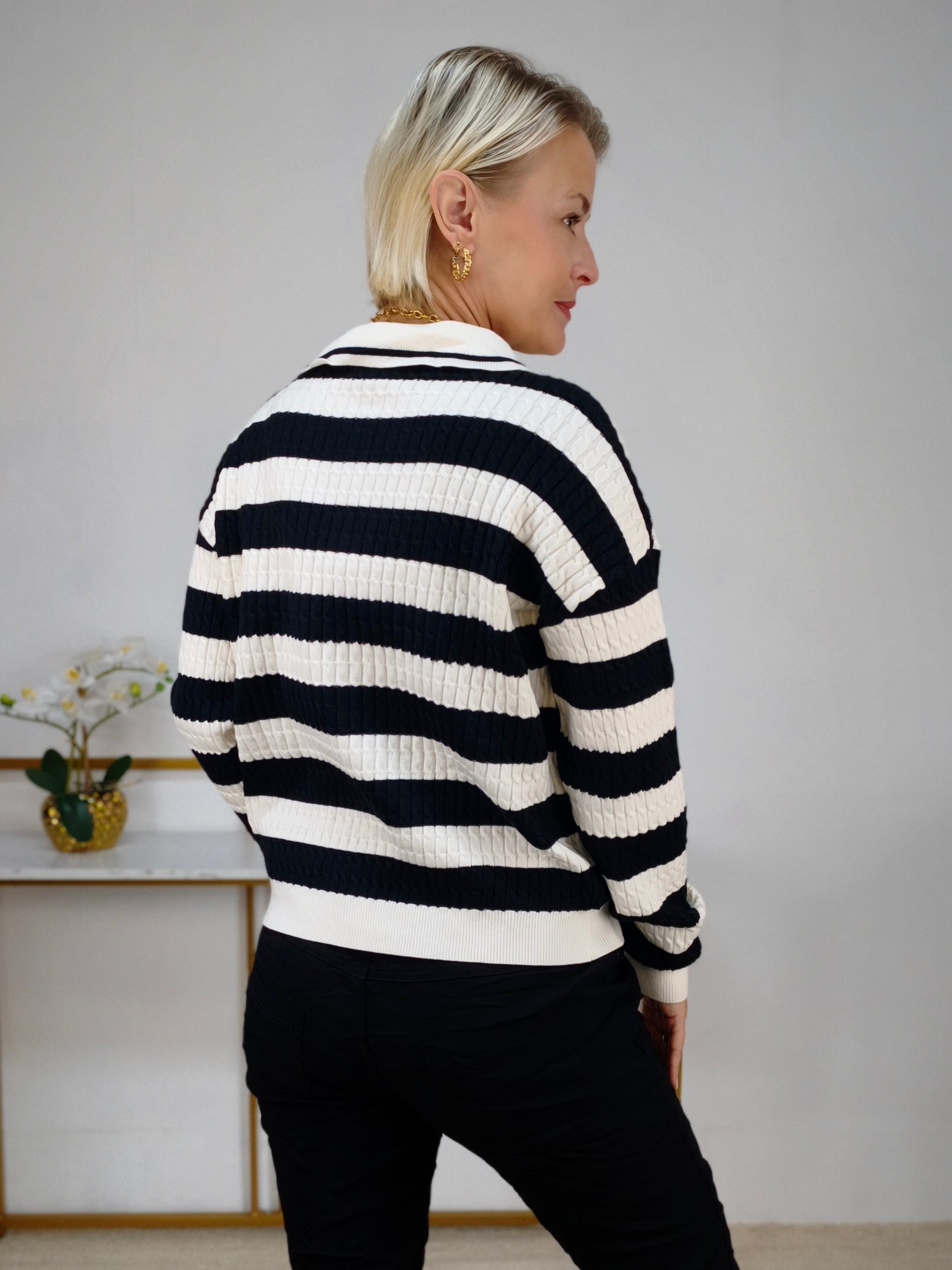 Pullover "California" gestreift im Polo Style Weiss/Schwarz (36-42)
