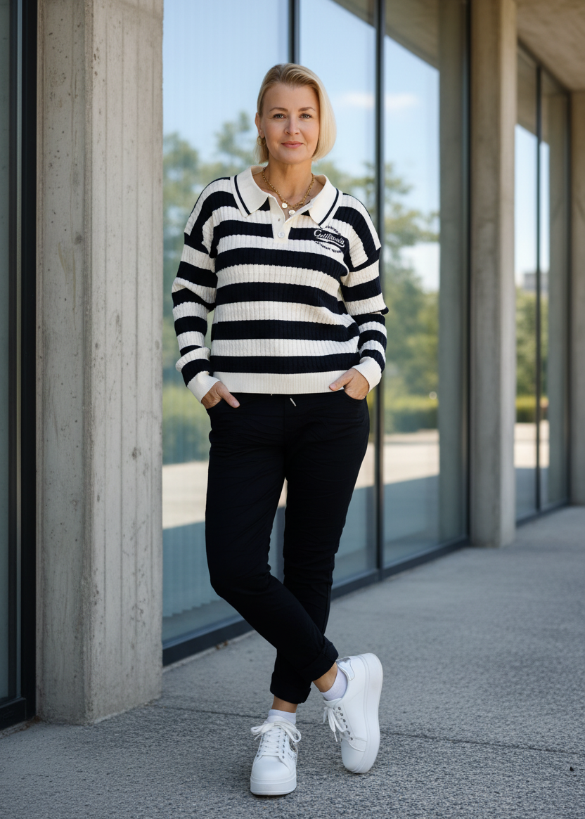 Pullover "California" gestreift im Polo Style Weiss/Schwarz (36-42)
