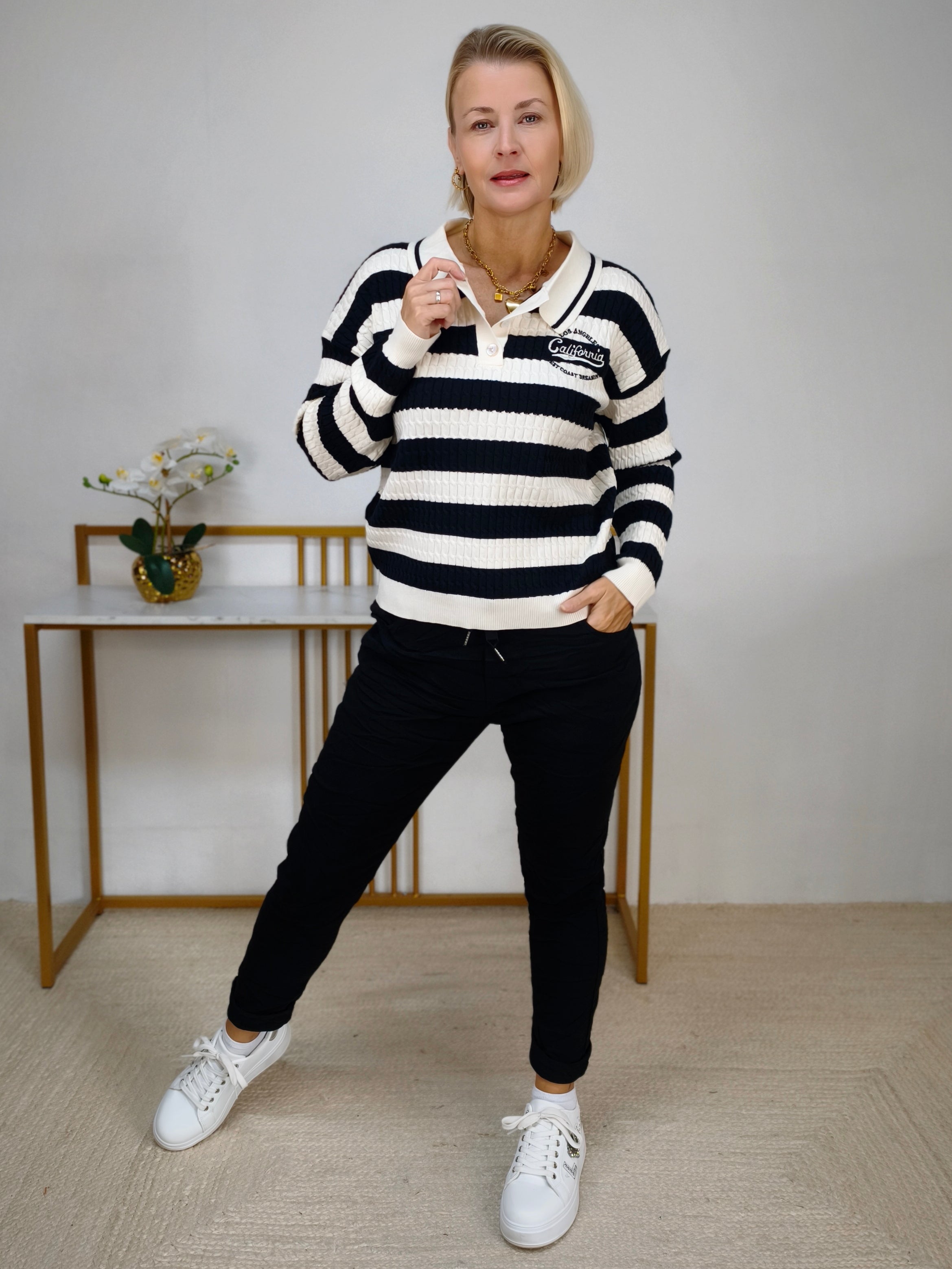 Pullover "California" gestreift im Polo Style Weiss/Schwarz (36-42)