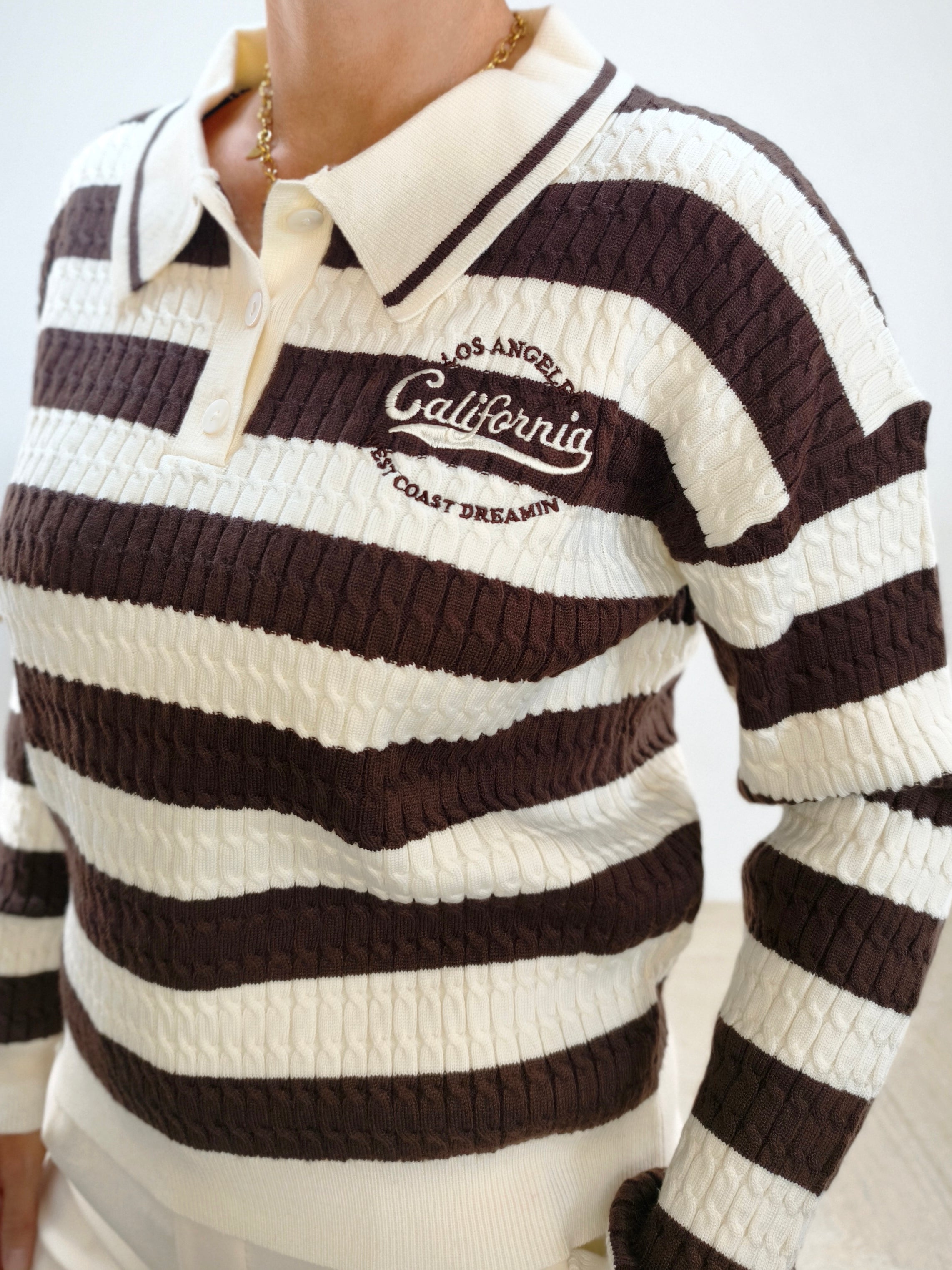 Pullover "California" gestreift im Polo Style Weiss/Dunkelbraun (36-42)