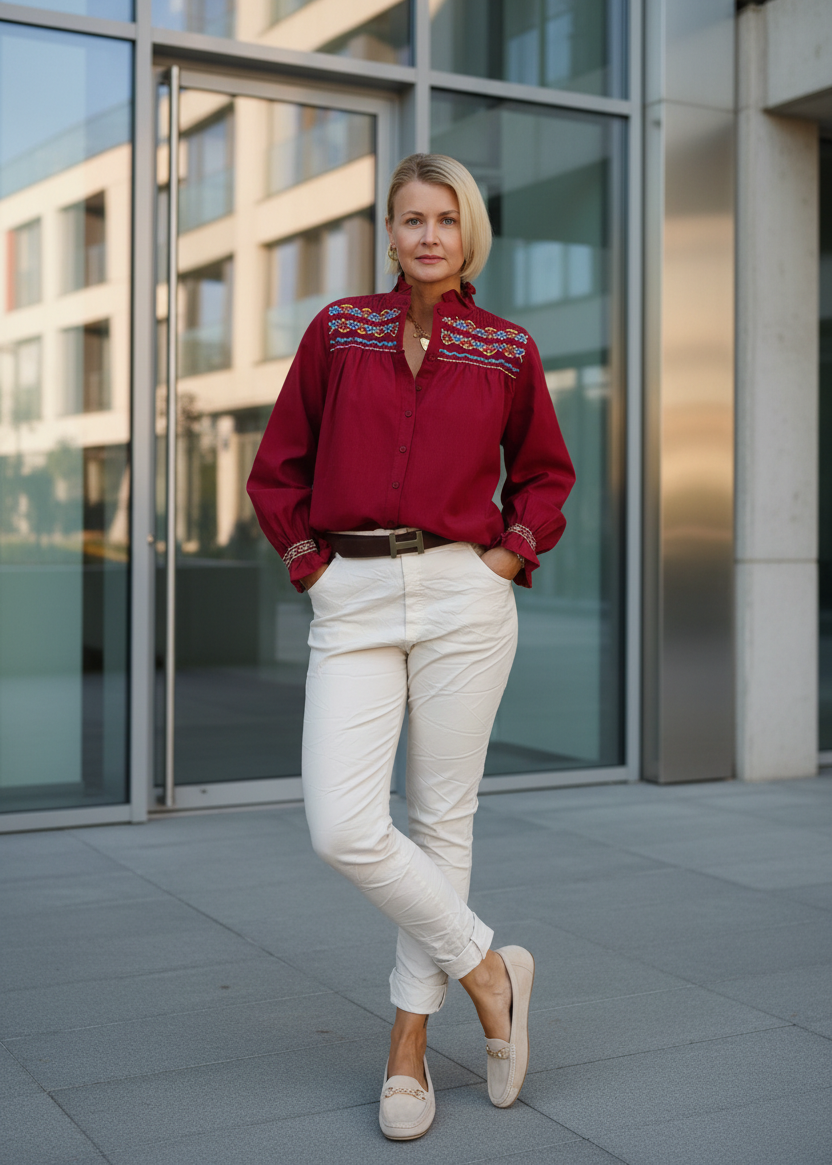 Damenbluse mit Blumenstickerei in Burgundy (38, 40, 42)