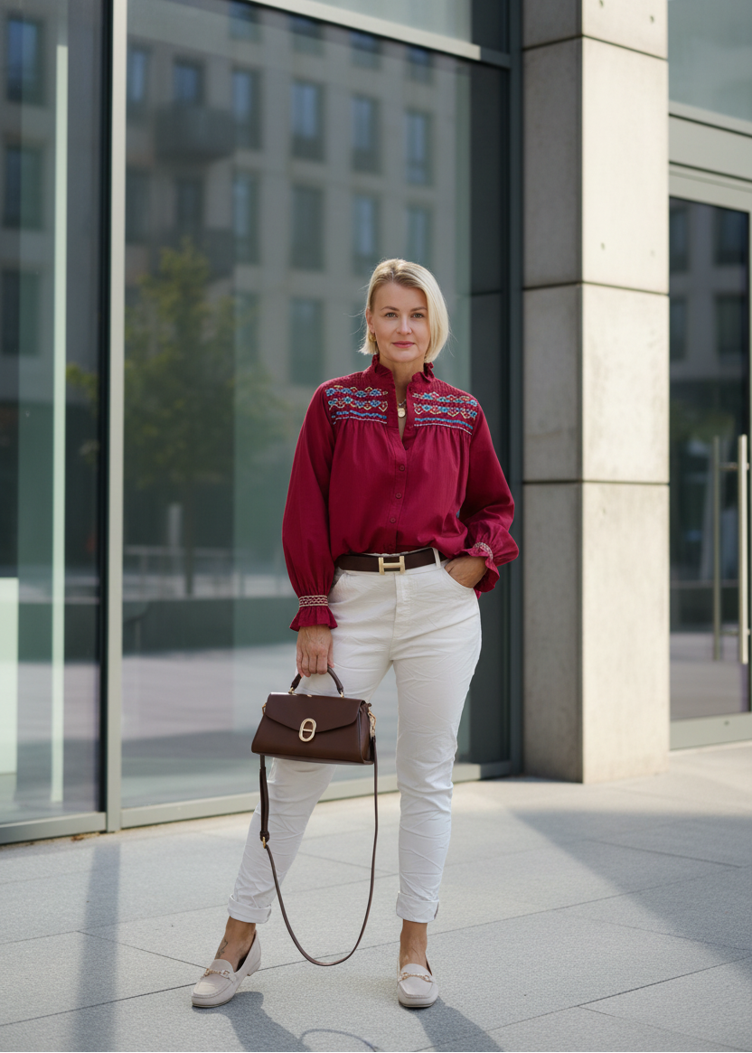 Damenbluse mit Blumenstickerei in Burgundy (38, 40, 42)