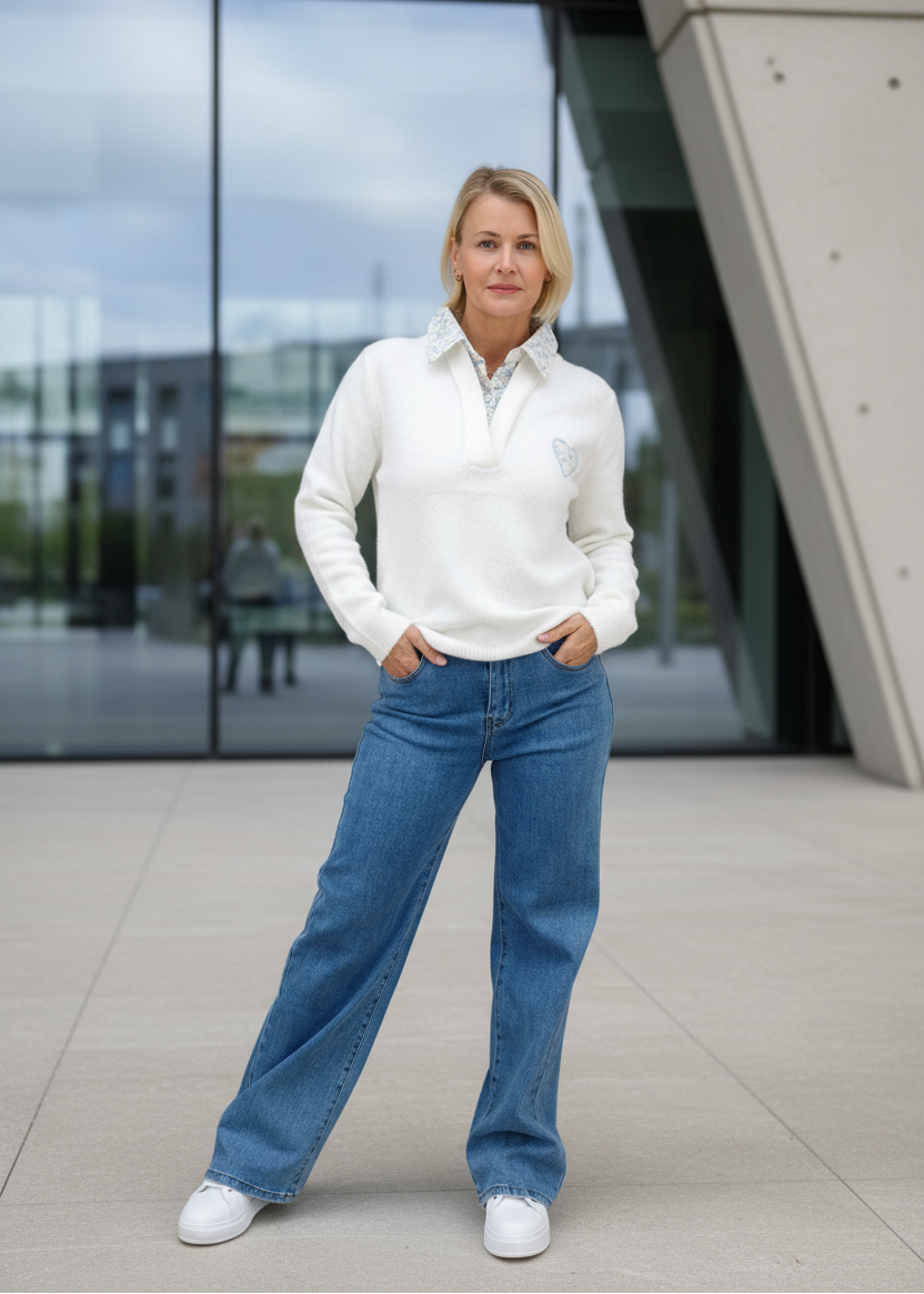 Weisser Pullover mit Blusenkragen und Stickerei in hellblau (36-42)