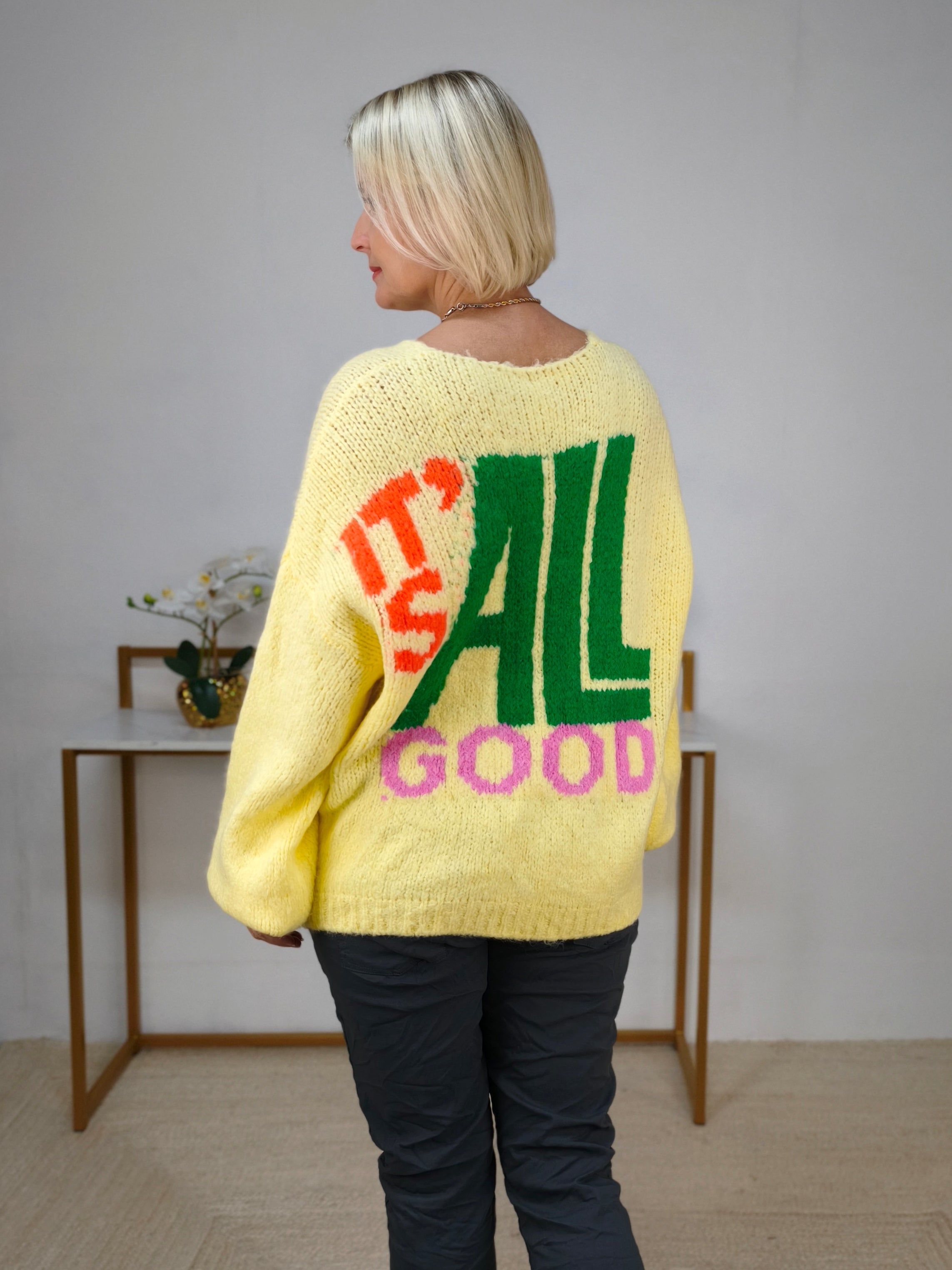 Weicher Oversize Pulli "All Good" gelb (38-44)