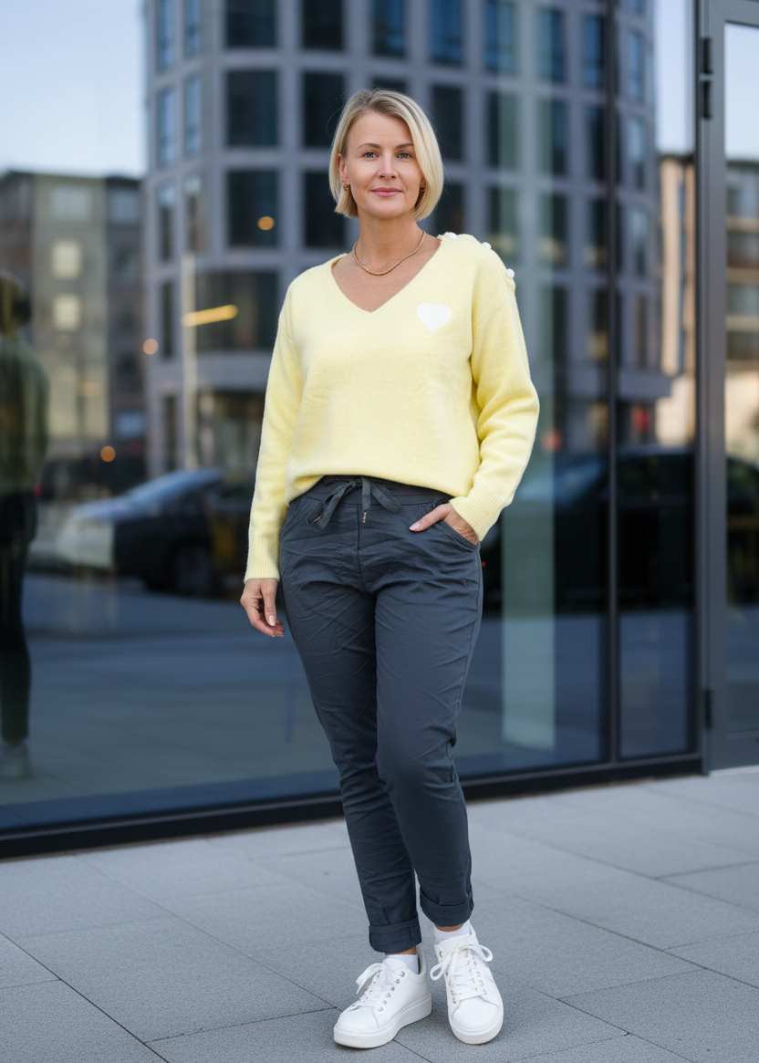 Weicher Strickpullover mit Herzchen in buttergelb (36-42)