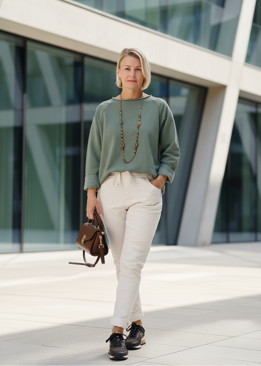 Einfarbiges Sweatshirt aus Baumwolle oliv (40-44)