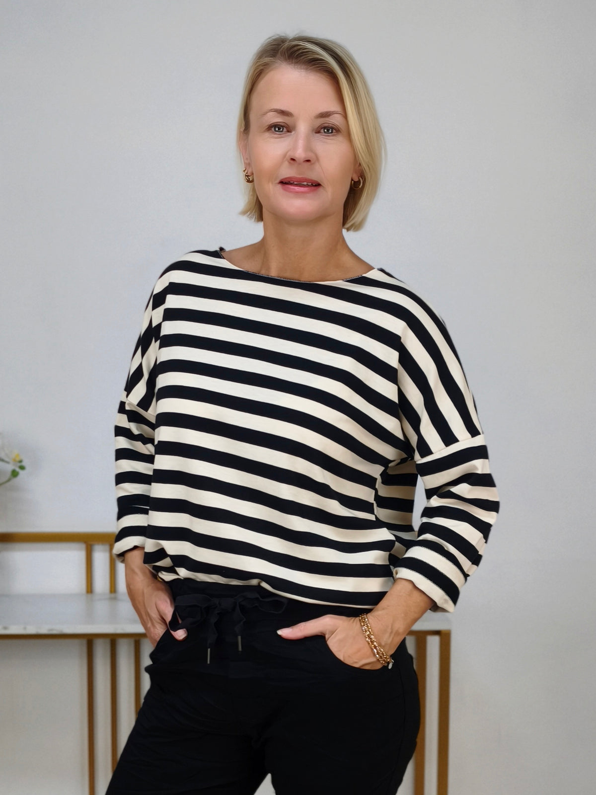Baumwoll Langarm Shirt gestreift schwarz/wollweiß (40-42/44)
