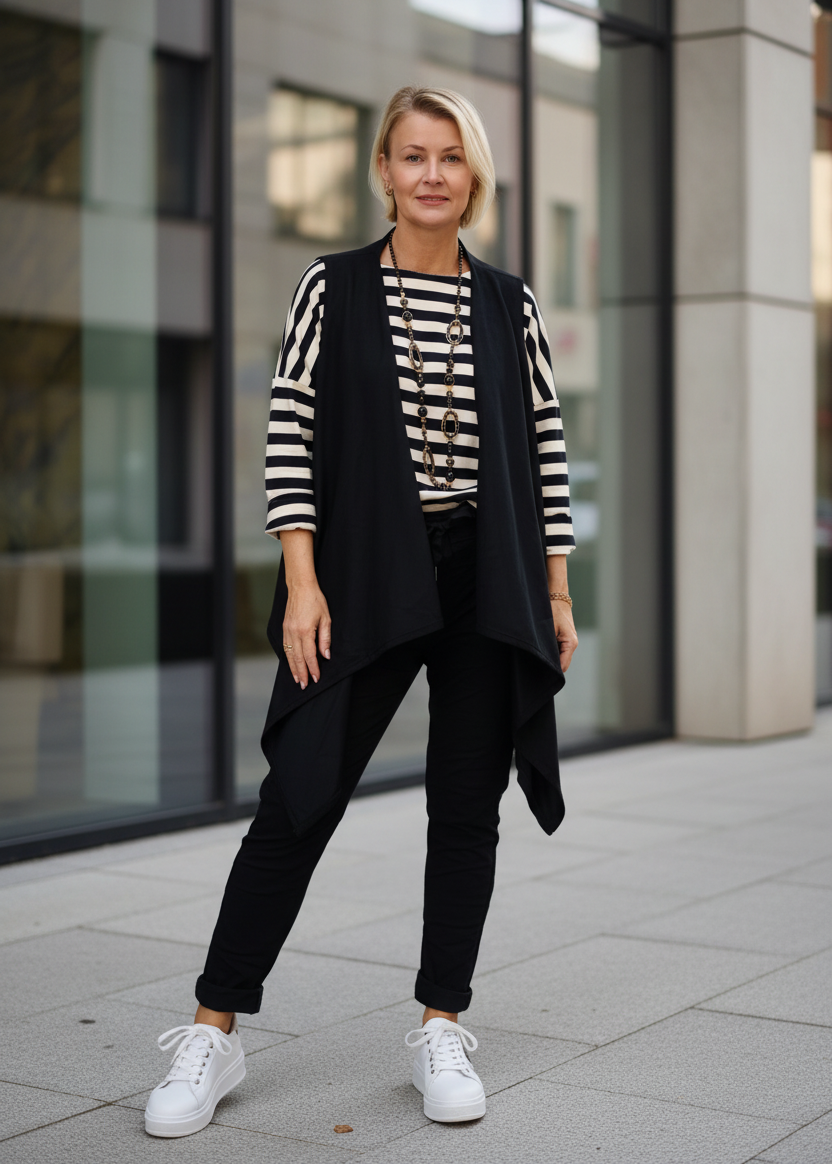 Baumwoll Langarm Shirt gestreift schwarz/wollweiß (40-42/44)