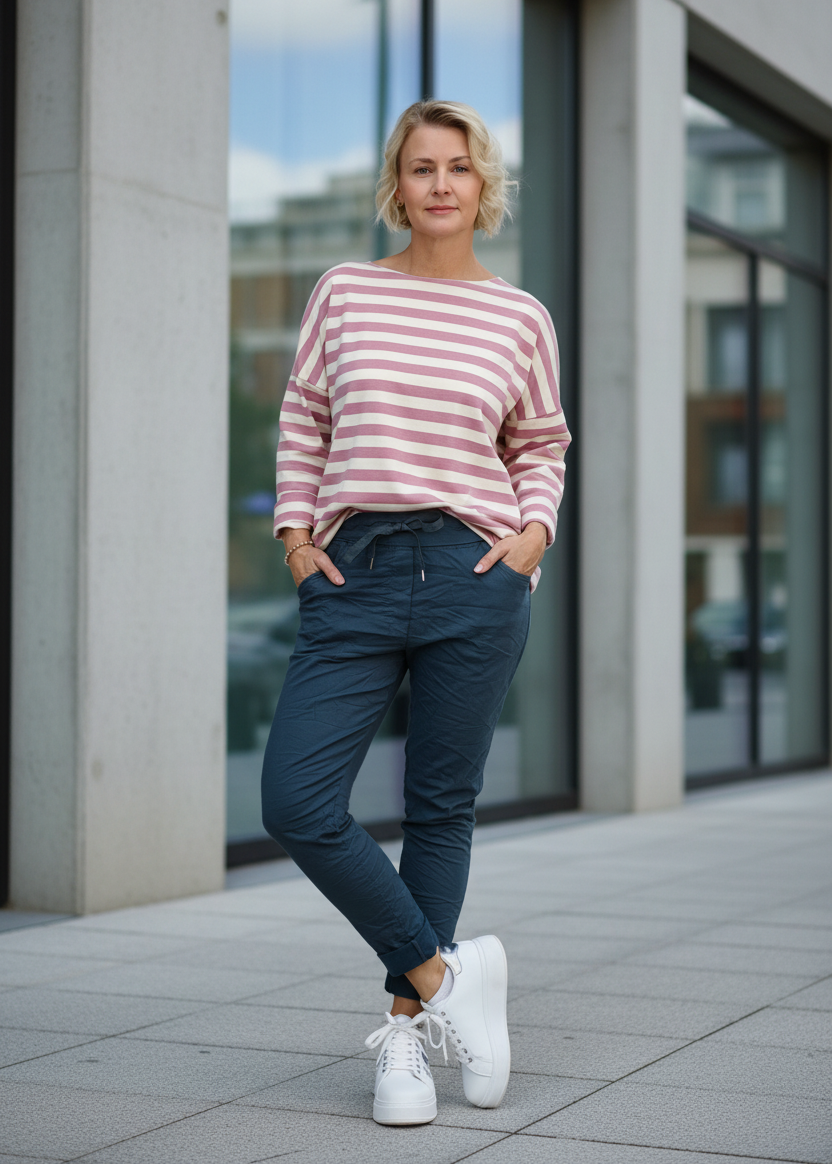 Baumwoll Langarm Shirt gestreift altrosa/wollweiß (40-42/44)