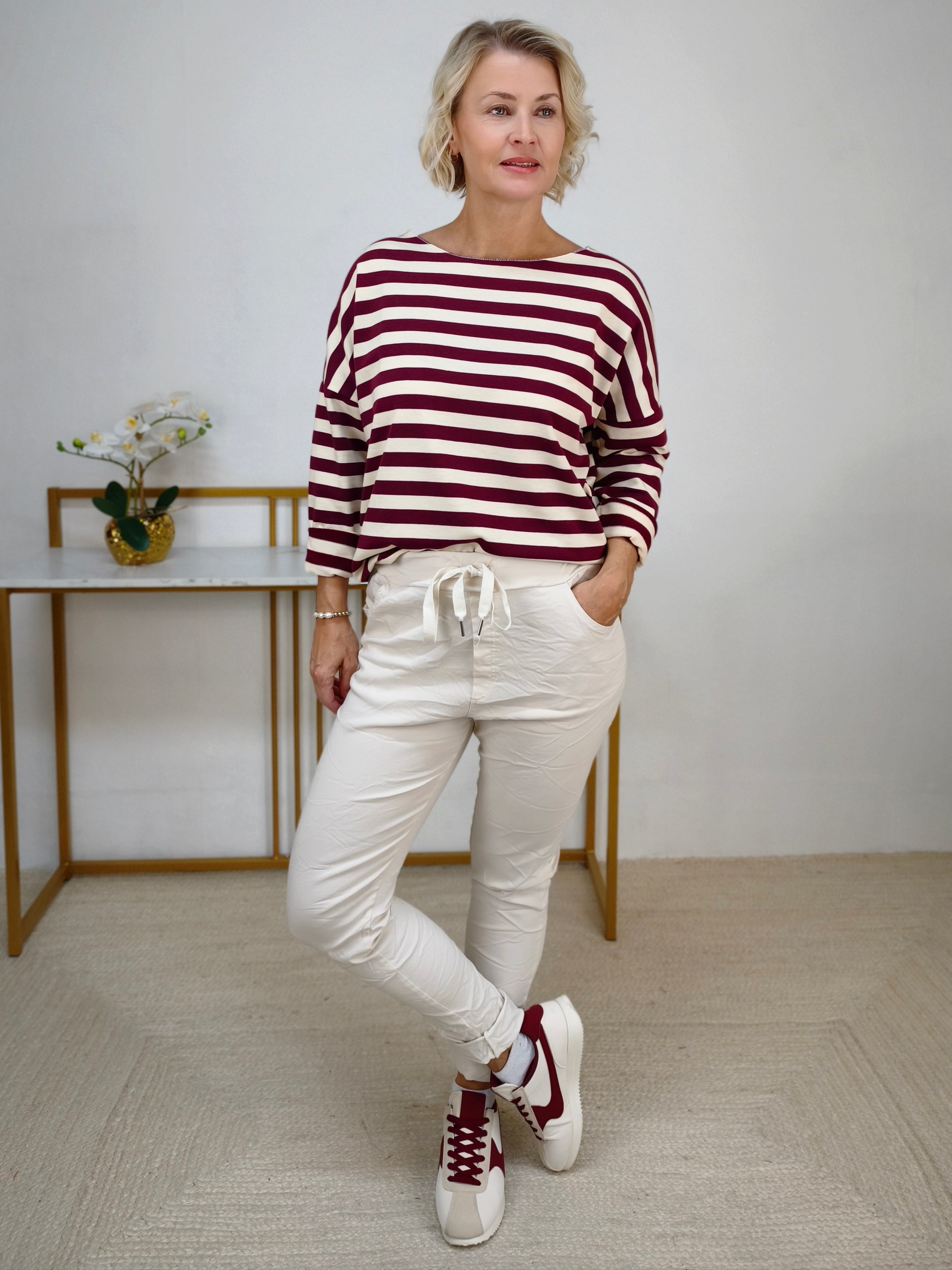 Baumwoll Langarm Shirt gestreift burgundy/wollweiss (40-42/44)
