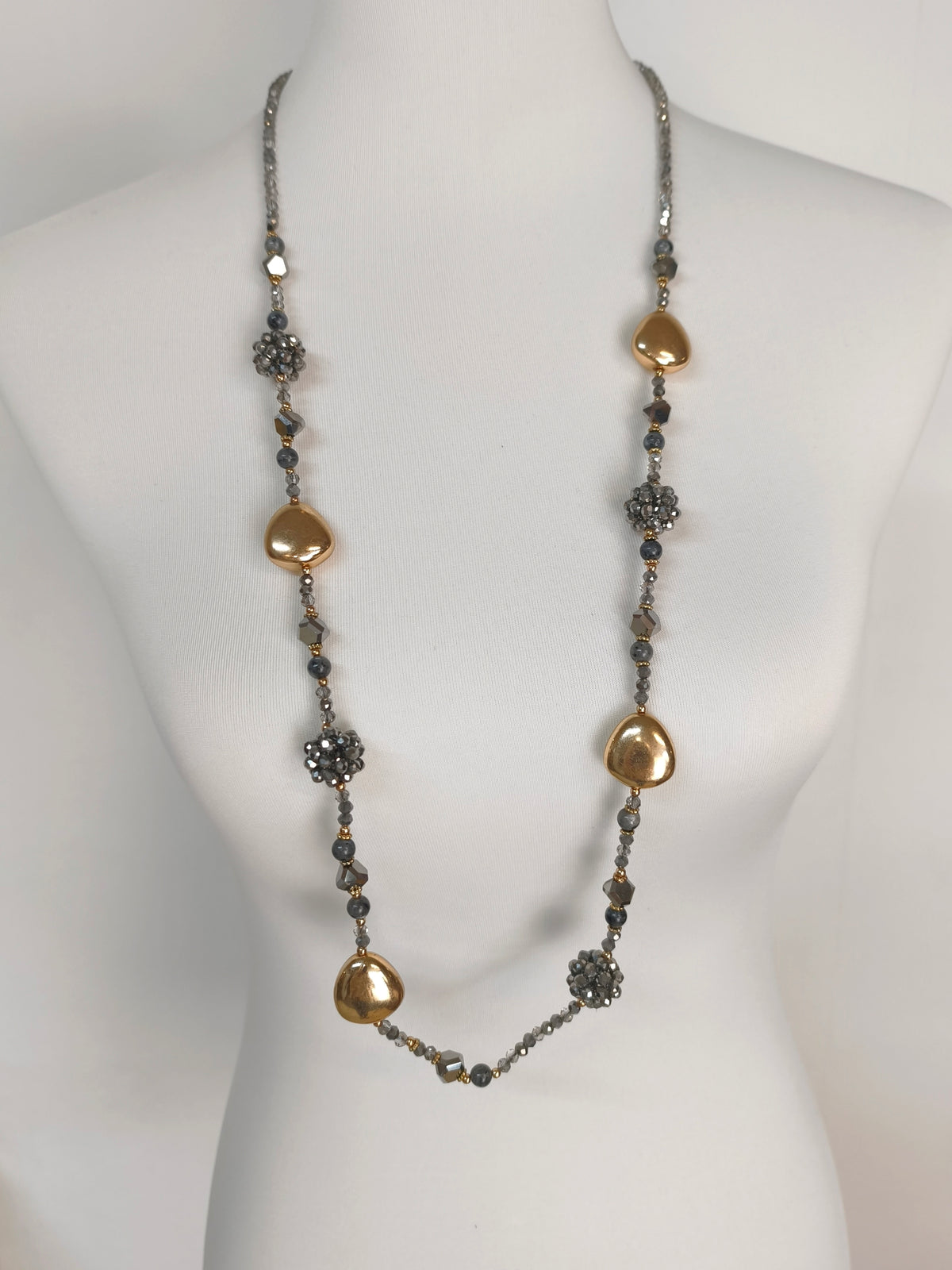 Lange Perlenkette Grau/Gold