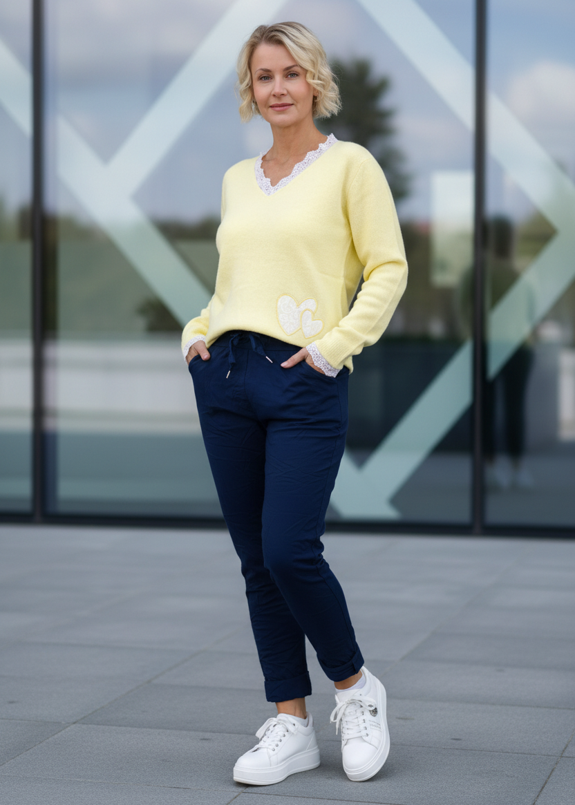 Pullover mit Spitze buttergelb (36-42)