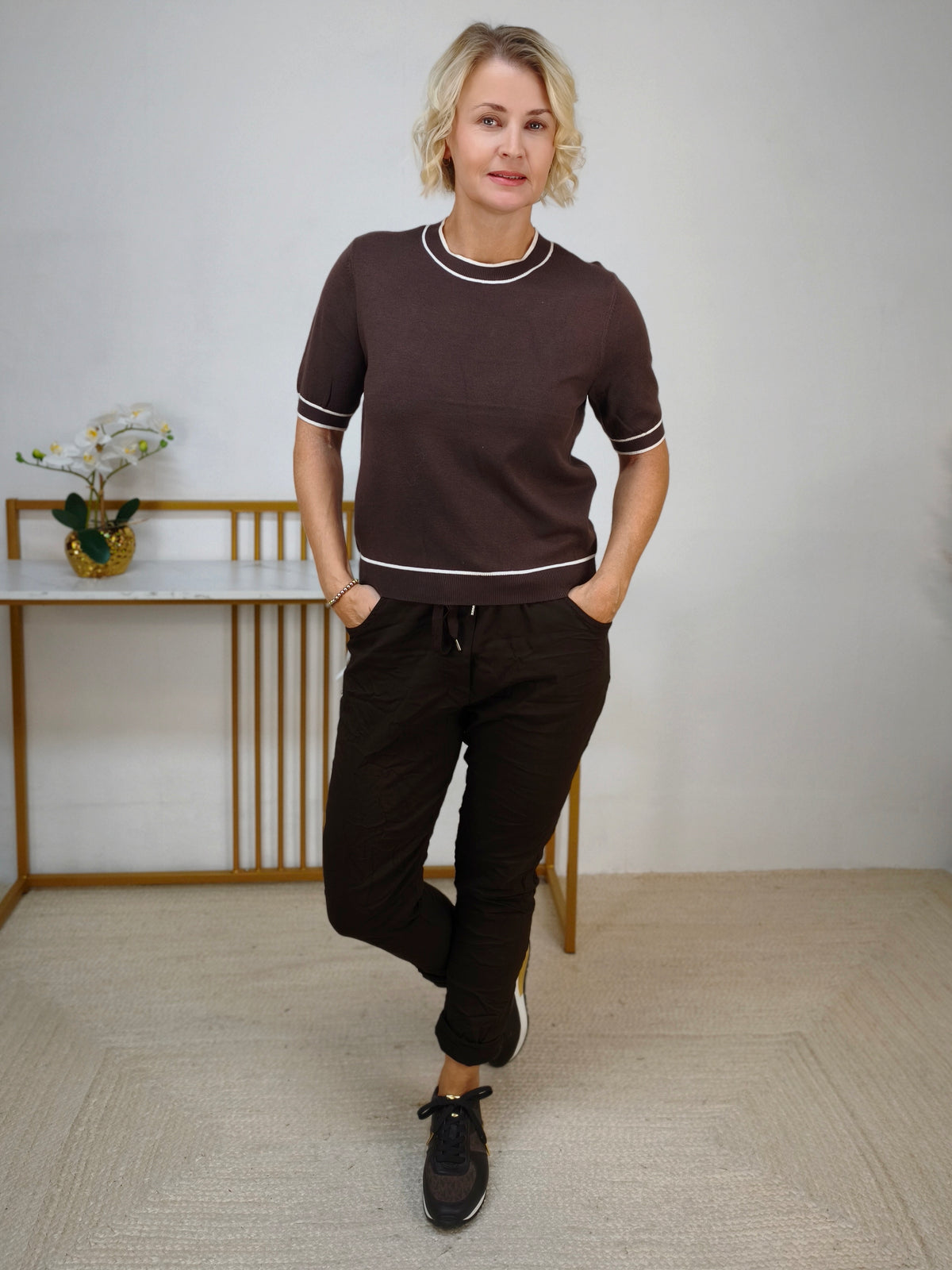 Kurzarm Pulli unifarben Schokobraun (36-42)