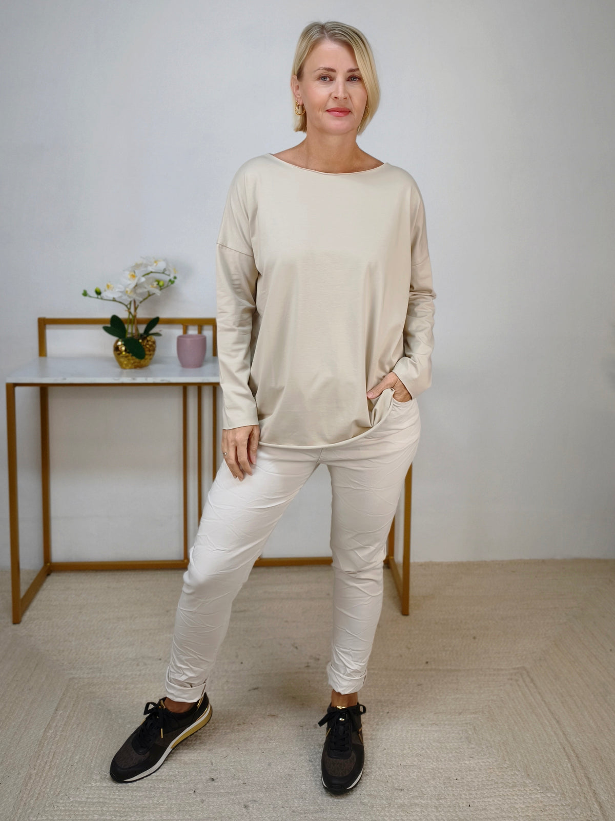 Langarm Baumwolle Shirt einfarbig Beige (40-42/44)