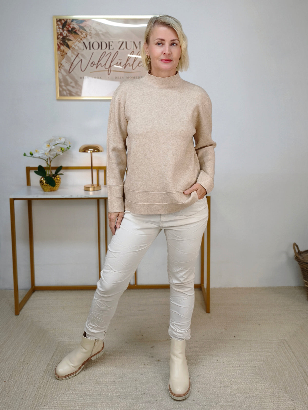 Feinstrick Pullover unifarben in Light Camel (38-42)