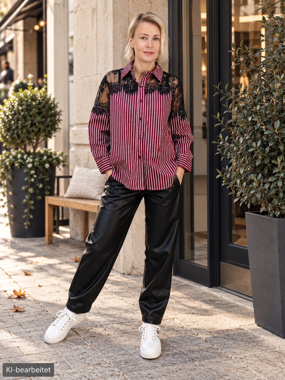 Gestreifte Bluse mit Spitze Burgundy/Schwarz (36-42)