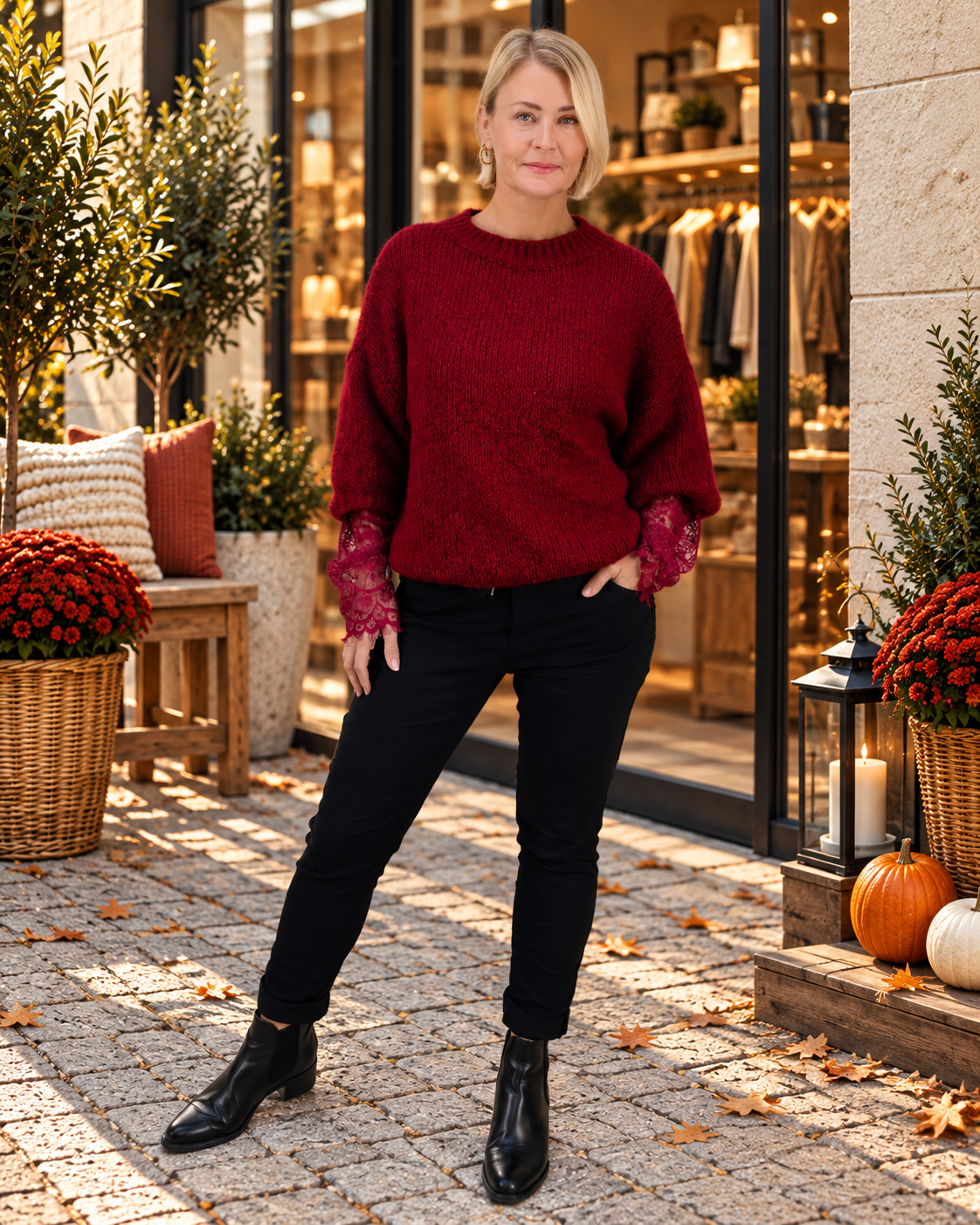 Kuschelpullover mit Spitzenärmel in Burgundy (38-42/44)