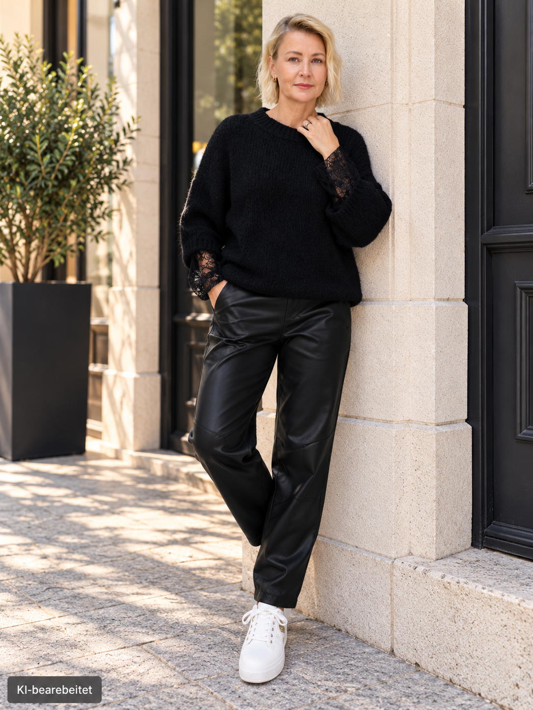 Kuschelpullover mit Spitzenärmel in Schwarz (38-42/44)