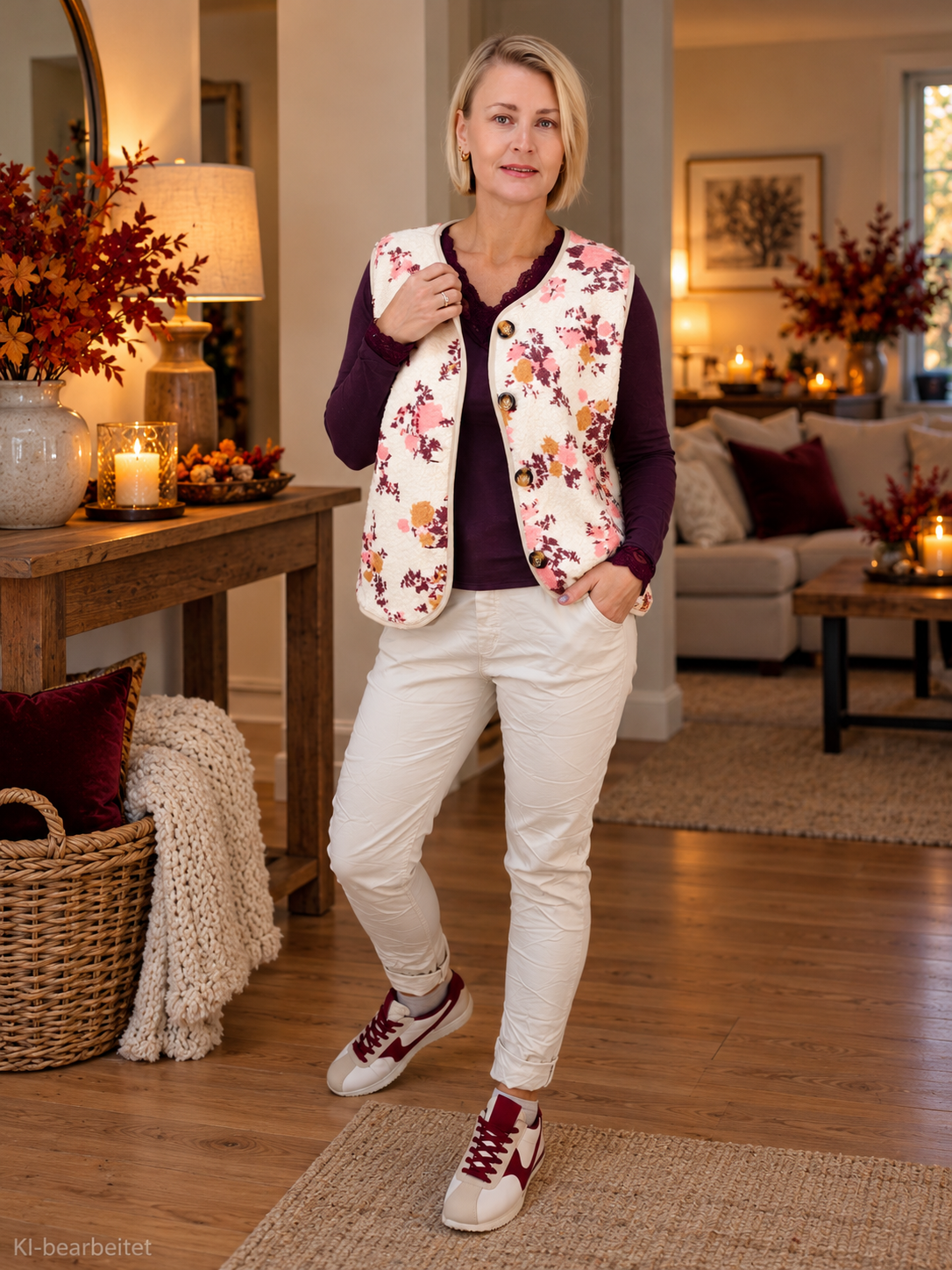 Cremefarbene Weste mit blumigem Muster (36-42)