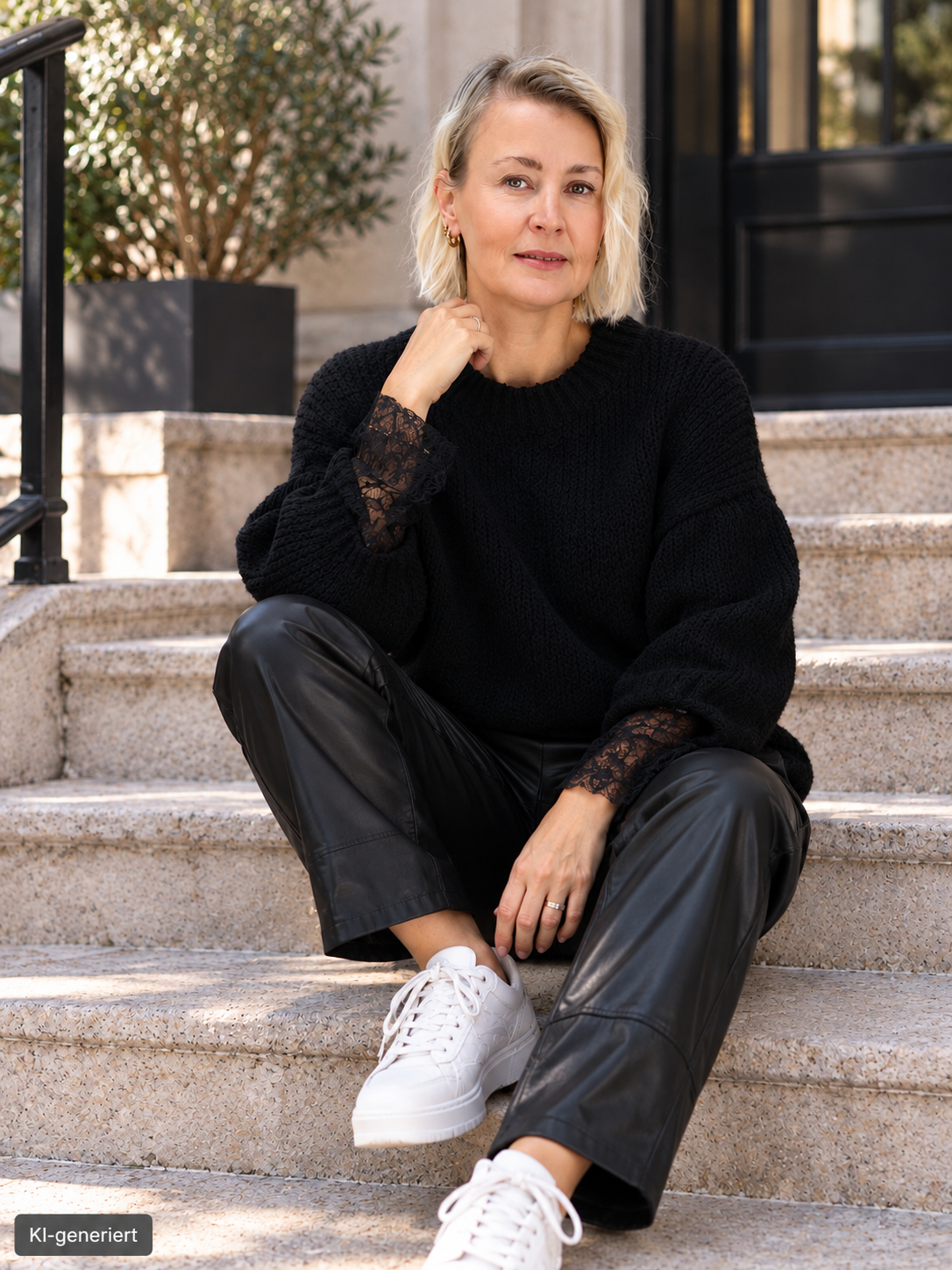 Kuschelpullover mit Spitzenärmel in Schwarz (38-42/44)