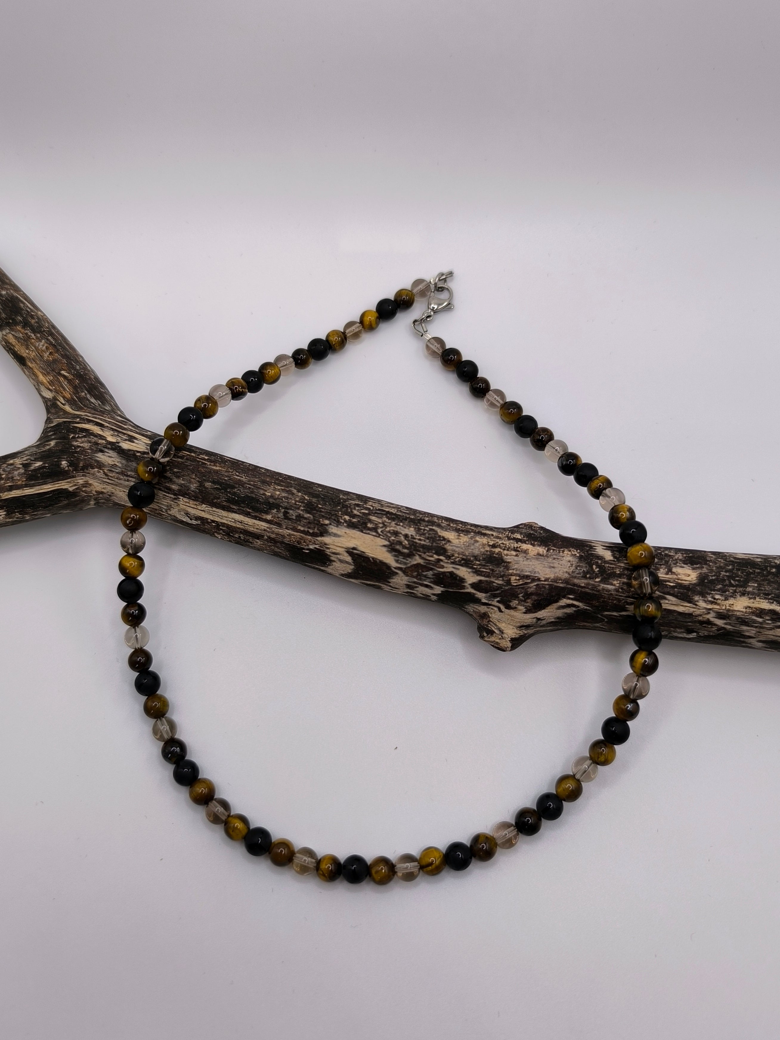 Herren Halskette aus Tigerauge, Achat und Rauchquarz