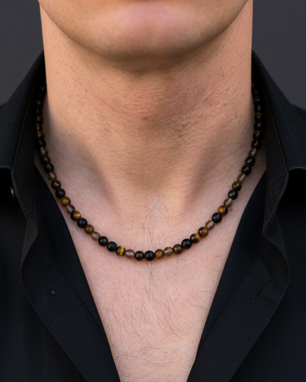 Herren Halskette aus Tigerauge, Achat und Rauchquarz